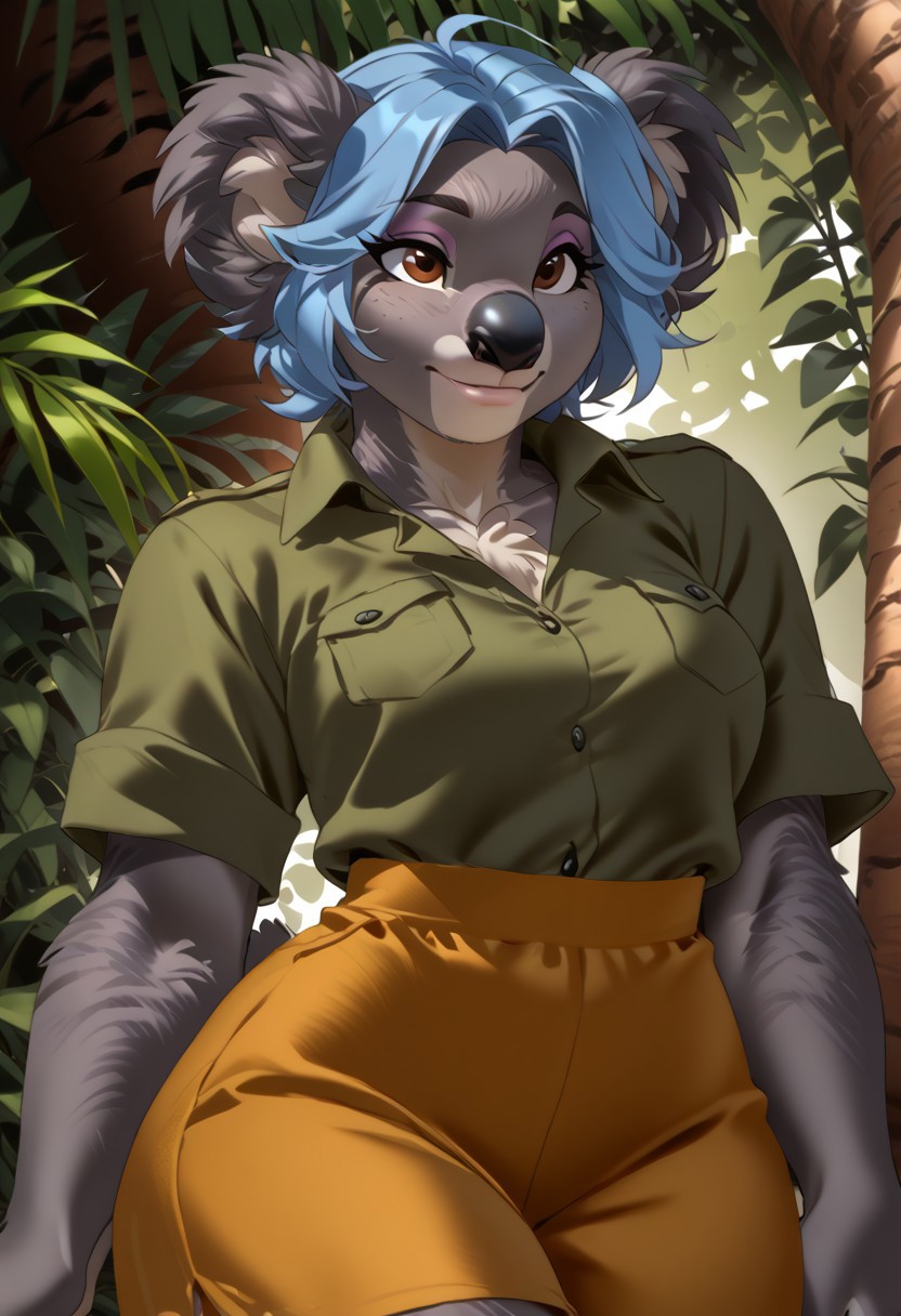score_9, score_8_up, score_7_up, (by zummeng:1.5), (by jailbird:1.5), (by kittydee:1.5), masterpiece, best quality, (solo),  
(Furry Art : Anthro : koala:1.5), 1girl, expressive eyes, feminine eyes, perfect face, feminine face, (light blue hair), (short fluffy hair:1.3), feminine body, medium breasts, marsupial, black nose, grey fur, fluffy ears, (flat belly:1.3), (wide hips:1.4), (slim waist:1.2), (thick thighs:1.4), (safari shirt:1.5), (khaki shorts), (brown eyes),