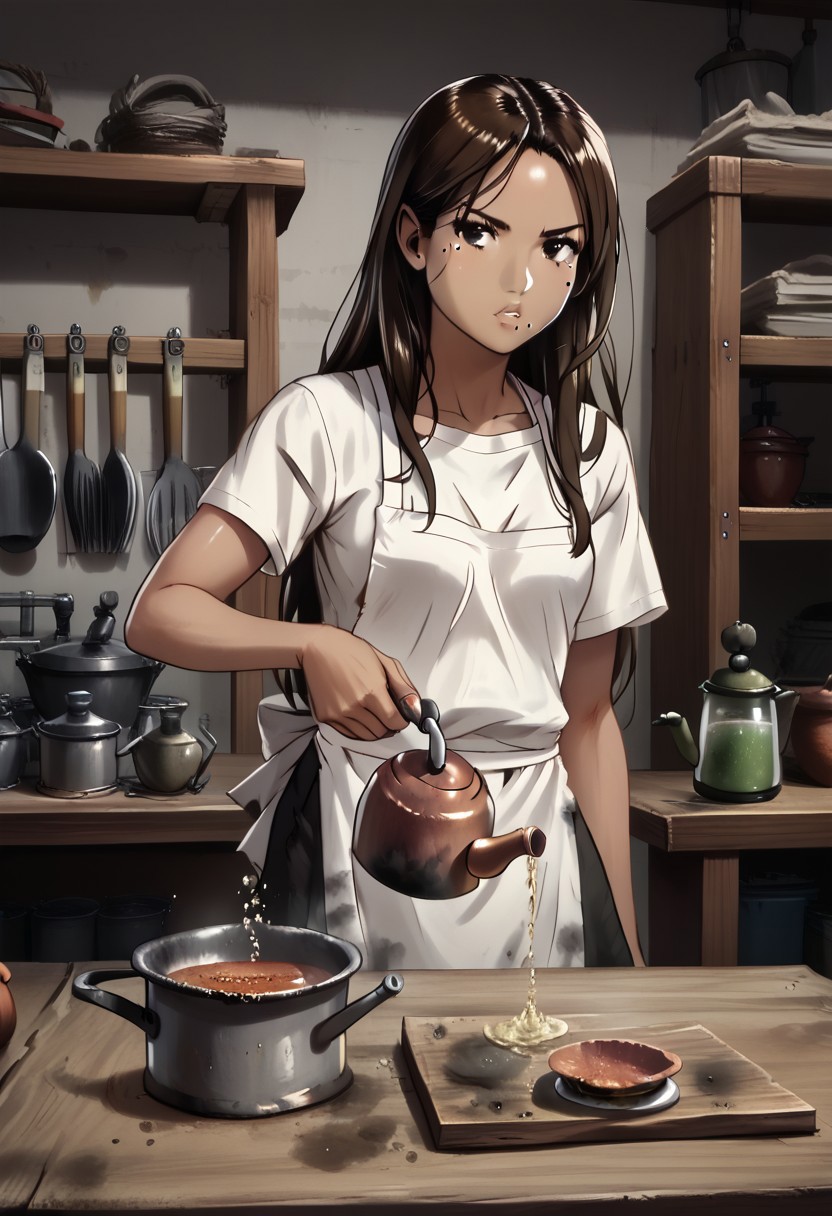 1girl, Clementine Morena, solo, hispanic, tan skin, brown eyes, athletic physique, brown hair, long hair, shiny hair, mole on left cheek, white t-shirt, black athletic shorts, white apron, stained apron,
Serious expression, pursed lips, whistling, mixing ingredients, potion, 
variety, side view, face focus, detailed face,
((Indoors, workshop, hotplate, pot, mason jars)), clean lines, smooth colors, sfw, source: semi-realistic, rating: pg, score: 8 up, score: 9