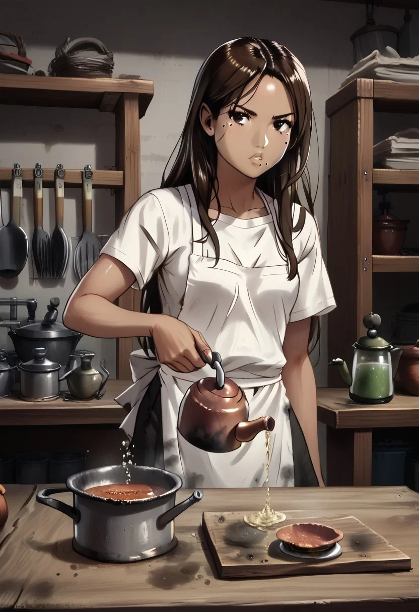 1girl, Clementine Morena, solo, hispanic, tan skin, brown eyes, athletic physique, brown hair, long hair, shiny hair, mole on left cheek, white t-shirt, black athletic shorts, white apron, stained apron,
Serious expression, pursed lips, whistling, mixing ingredients, potion,
variety, side view, face focus, detailed face,
((Indoors, workshop, hotplate, pot, mason jars)), clean lines, smooth colors, sfw, source: semi-realistic, rating: pg, score: 8 up, score: 9