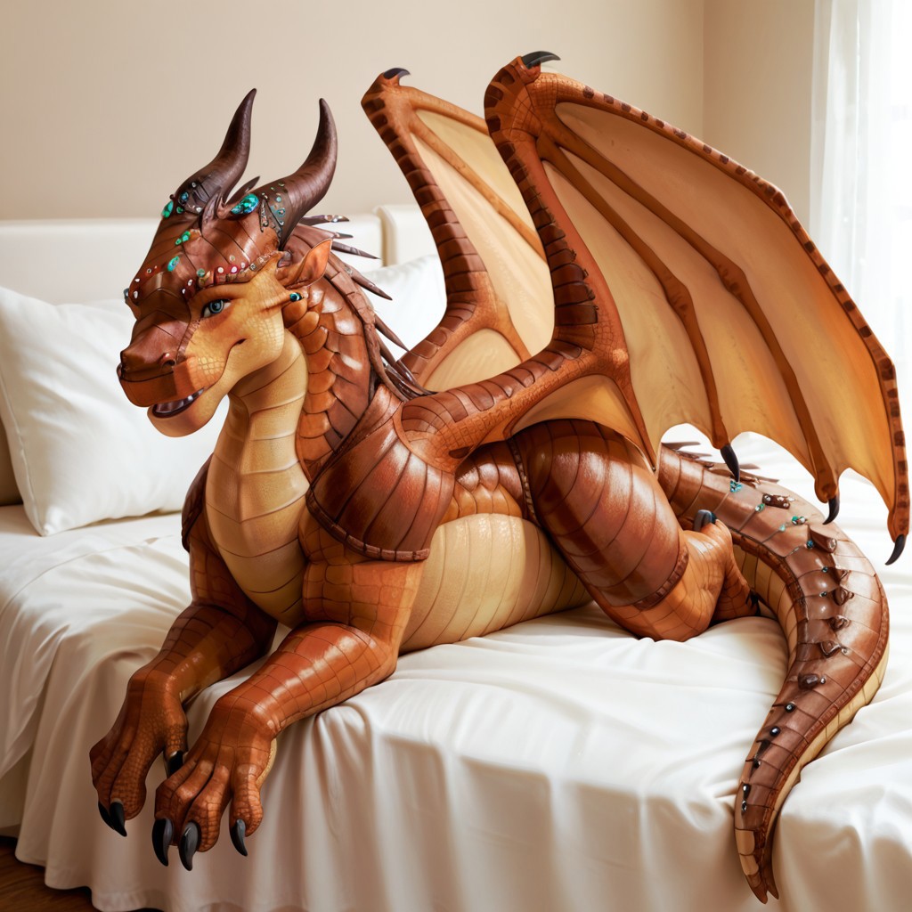 score_9, score_8_up, score_7_up, score_6_up, score_5_up, score_4_up, masterpiece, high quality, realistic, detailed, best quality, white bed, solo, rating_safe, source_furry, bedroom, smiling, open mouth smile, seductive, looking at viewer, lying on belly, full body, Moorhen_wof, gem embedded face, gemstones, green eyes, female, 1girl, detailed eyes, Mudwing, brown scales, dragon, horns, claws, wings, tail