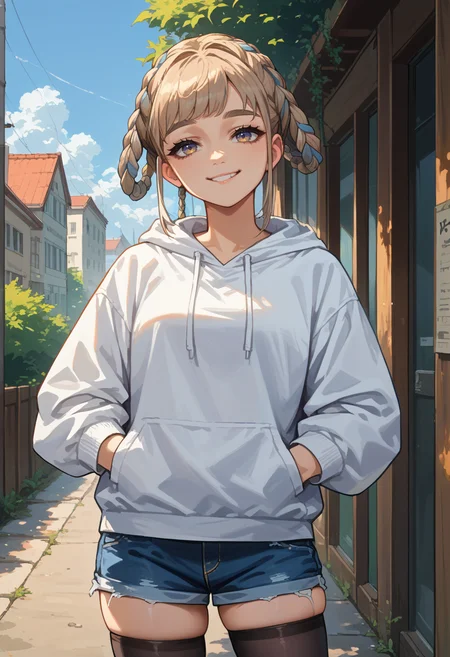 score_9, score_8_up, source_anime, 1girl, solo, PopeJoan, long hair, braided hair rings, white hoodie, denim shorts, black thighhighs, skindentation, hands in pockets, outdoors, smile, smug, <lora:ChamPopeJoanPonyXL:1>