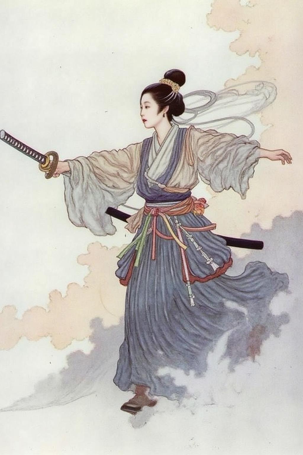 charob1 illustration.
a female Japanese samurai warrior wielding a katana, blending form with reality. Glitching the surreal with blurred dreams on a white background. Woven light fuses delicatly with whispering shimmers creating a eyecatching and masterpiece artwork. drifting fog, cracked light and smokey haze in floating threads finishes the dreamlike reality.
  <lora:charob1_cap_d6a3e11:1.0><lora:824703866521002982:0>