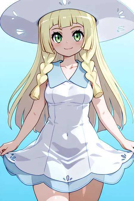 masterpiece, best quality, medium breasts, (curvy), ,,, BREAK, zzLillie, long hair, braid, sun hat, white headwear, collarbone, sleeveless dress, white dress, <lora:LilliePokemonIXL:1.0>,BREAK, smile, looking at viewer, cowboy shot, <lora:MantisStyleIXL:1.0>,