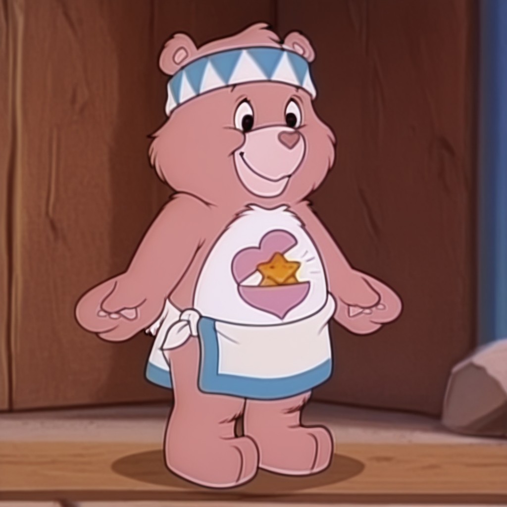 masterpiece, best quality, amazing quality, hugsbearil, semi-anthro, female, bear_girl, pink fur, black eyes, tummy symbol, white blue trim loincloth, white and blue headband, standing, western background, smile, <lora:944ba8eb-a3de-4108-b63f-9b754fae1eab:1.0>