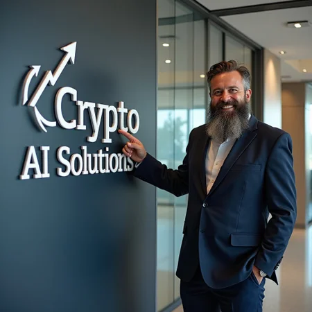 professional photography of the lobby of a modern office building with a modern sign logo at the front with a text that says "Crypto Scaling AI Solutions". The logo also features a stylized graph pointing upward. A man with a cheap business suit and a long shaggy beard is standing next to the text pointing at it, smiling. The Logo is designed in a sleak modern way. The man and the logo are in focus, while the background is blurry. The overall impression is that of a sketchy online marketing campaign