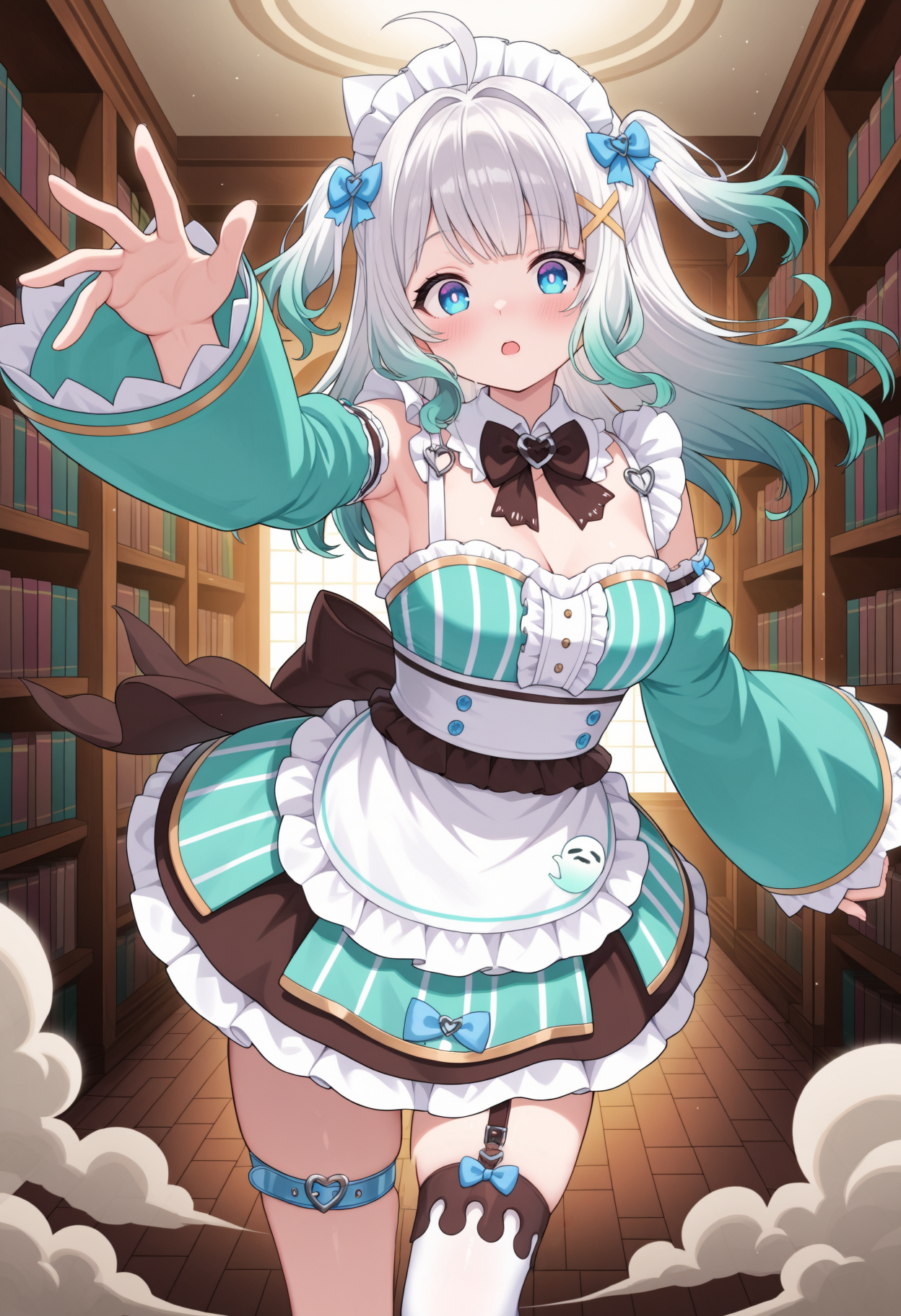 general, masterpiece, best quality, 1girl, solo, BREAK looking at viewer, blush,
ancient library, towering bookshelves, levitating glowing tomes, dust motes in sunbeams, reaching out in dynamic pursuit, flowing gown in action, expression of awe, ethereal light beams, cinematic close-up, dynamic perspective
BREAK
 <lora:Mint Fantome:1> blue eyes, gradient hair, white hair, green hair, ahoge, hitaikakushi, x hair ornament, medium breasts,
mintmaid, frills, gold trim, aqua dress, vertical-striped dress, asymmetrical dress, puffy long sleeves, wide sleeves, detached sleeves, sleeves past wrists, waist apron, white apron, white sash, brown waistband, brown back bow, layered skirt, brown accents, white thighhighs, single thighhigh, patterned legwear, melting pattern, legwear garter, brown garter strap, (blue thigh belt:1.2), heart o-ring, maid headdress, detached collar, frilled collar, heart collar, ghost pin,
long hair, two side up, hair bow, blue bow,