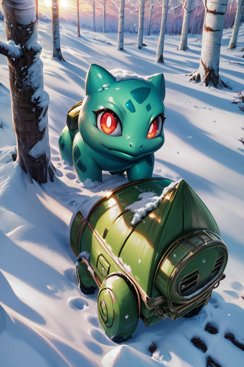 score_9, score_8_up, score_8, ,,, , ,,, zzBulbasaur, red eyes, closed mouth, standing, full body, outdoors, day, tree, bright pupils, snow, white pupils, bare tree, footprints, <lora:BulbasaurPokedexPDXL:1.0>, ,,,, BREAK, (ultra realistic,32k, masterpiece:1.2),(high detailed skin:1.1),( high quality:1.1), head tilt, lips, closed mouth, shiny clothes, (upper body), looking at viewer, bokeh, luminescent background, ,,, embedding:zPDXL, Expressiveh, ,,, <lora:RlAnmPDXL:1.0>,