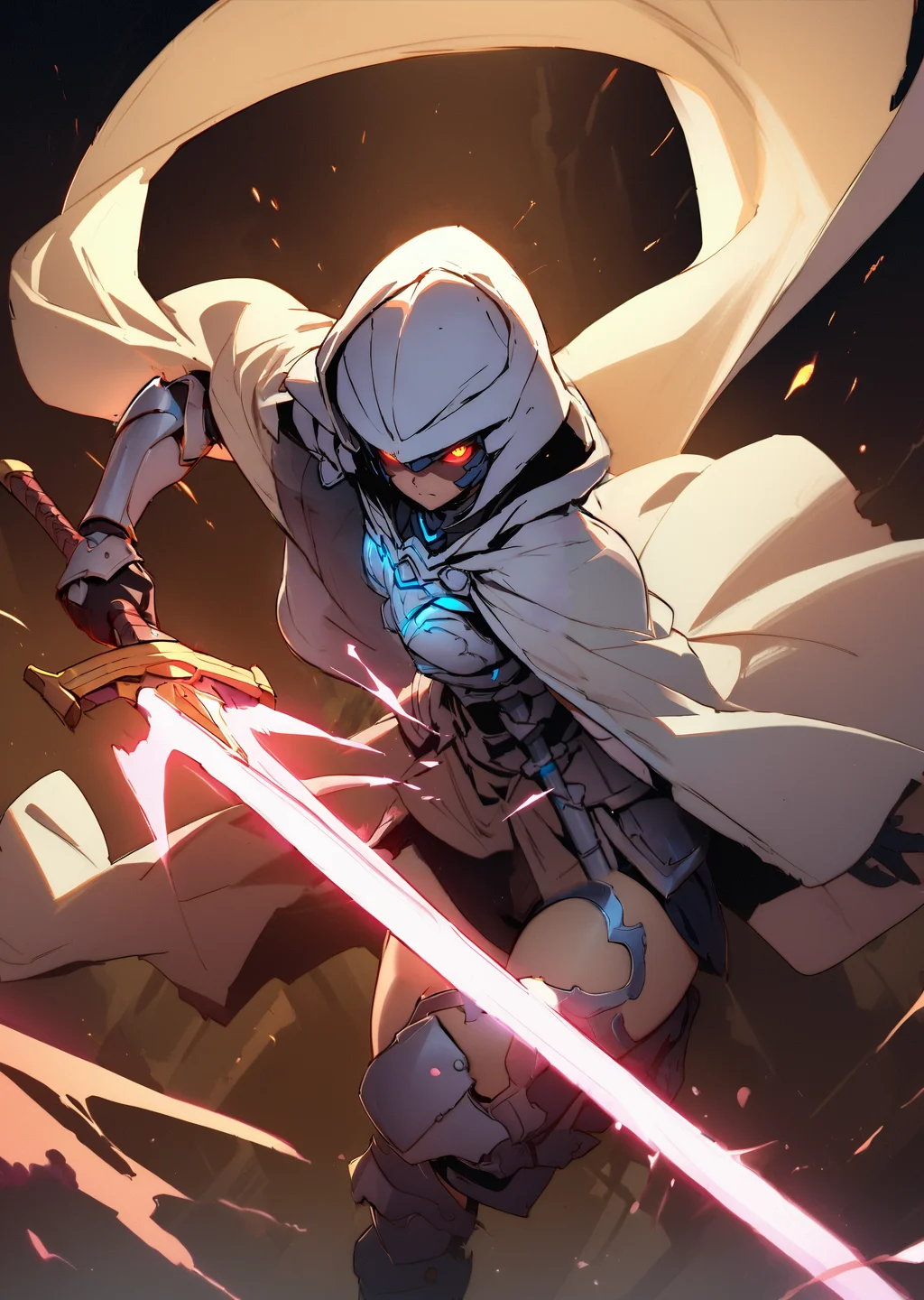 masterpiece,best quality, very aesthetic, absurdres 
  by  Ilya Kuvshinov  traditional media cinematic lighting 
warrior
white cloak
white hood 
glowing eyes
armor
sword
 dynamic pose