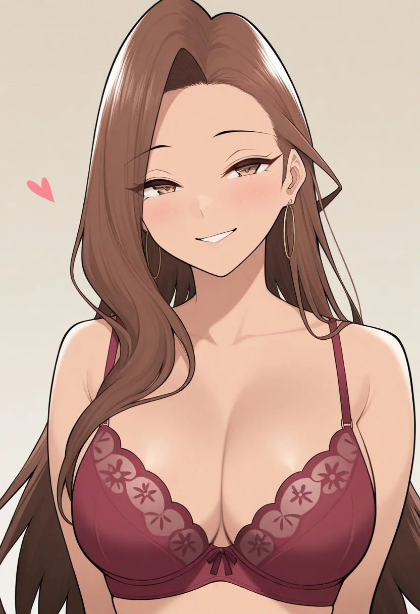 score_9, score_8_up, score_7_up, source_anime,(extremely detailed CG), (best quality), 
1girl,  brown hair, smile, brown eyes, long hair, jewelry, earrings, smile, solo, meme, portrait, heart, simple background,risa,bra, breasts,navel,