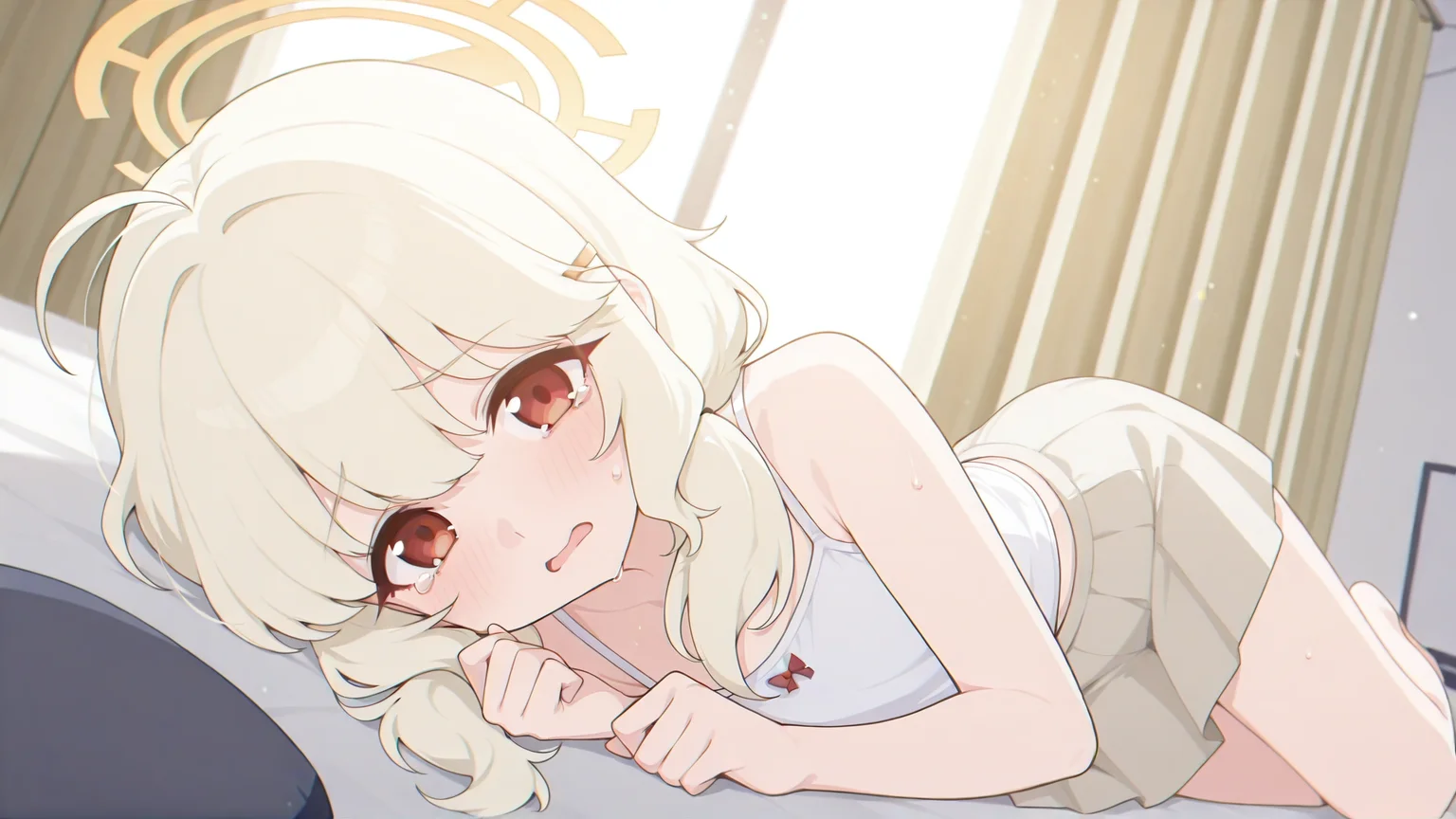 aoba_(blue_archive), halo, hat, beige skirt, camisole, red bowtie, bedroom, teardrop, barefoot, on side, looking at viewer, __positive__, <lora:アオバ__Blue_Archive_内海アオバ:0.8> ,<lora:blue_archive-ixl-style-soralz:1>
