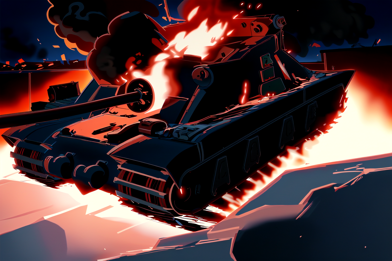 tortoise tank, burning, fire, night, smoke, explosions, wreck,