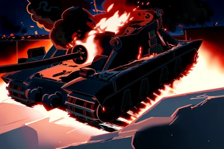 tortoise tank, burning, fire, night, smoke, explosions, wreck,