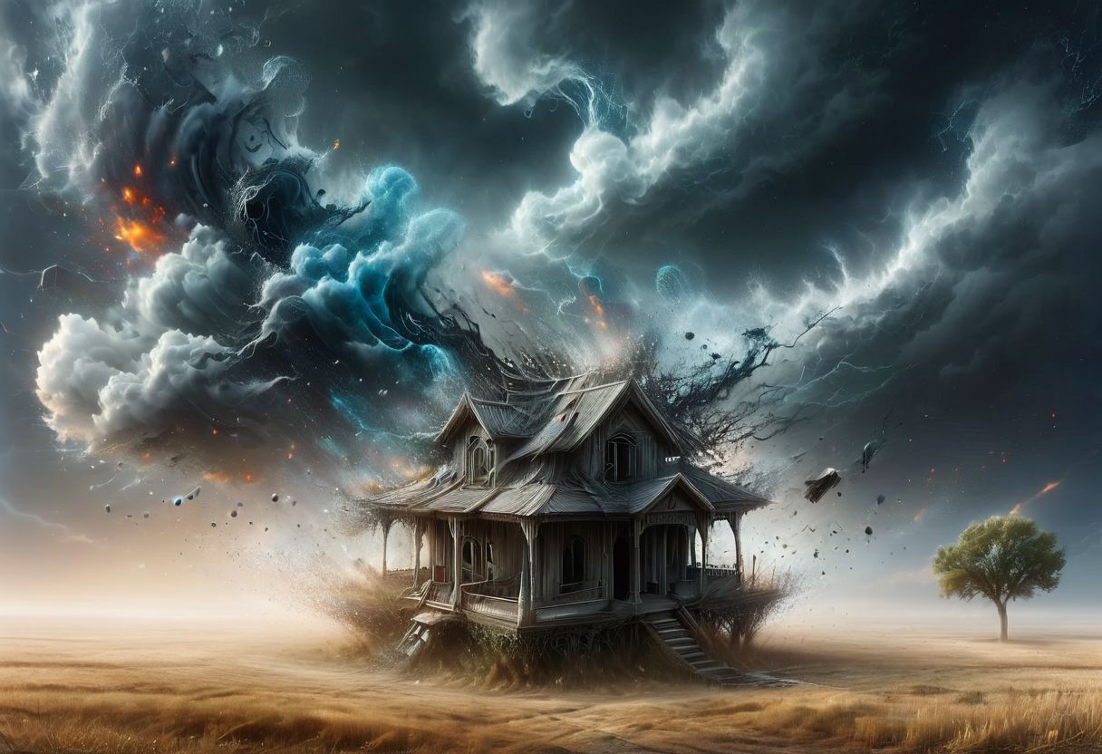 ASCII(best quality, 8K, high resolution, masterpiece), ultra detailed, ((a floating house)) caught in a huge tornado, the house is dissolving, many objects are floating around in the tornado, 
overcast, cloudy, very dark atmosphere, winning photo,