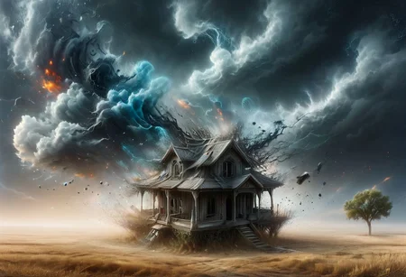 ASCII(best quality, 8K, high resolution, masterpiece), ultra detailed, ((a floating house)) caught in a huge tornado, the house is dissolving, many objects are floating around in the tornado, 
overcast, cloudy, very dark atmosphere, winning photo,