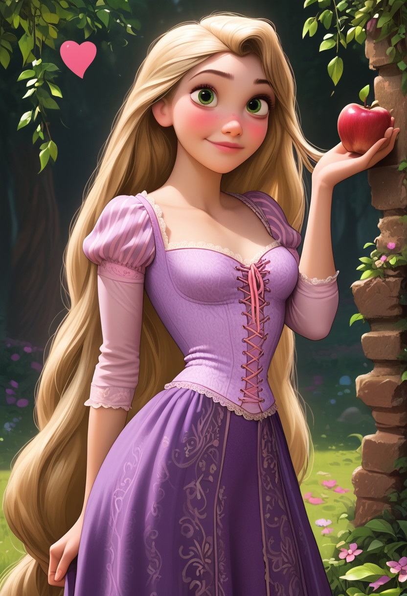 score_9, score_8_up, score_7_up, score_6_up, score_5_up, score_4_up, sexy girl, 
1girl, Rapunzel, Disney, \(Tangled\)/,(ultra HD quality details), green eyes, large green eyes, brown eyelashes, blonde hair, straight hair, pale skin, very long hair, long hair, beautiful face, cute, pink lips, rosy cheeks, light freckles around her nose,
Dress, Dirndl, purple dress with a pink accent, lavender corset top, puffy sleeves, laced, pink ribbon, long skirt,
makeup, modest look, seducing viewer, hearts, posing, sexy pose, solo, large saggy boobs, fantasy forest, apple tree, submission, flowers, sun light, cinematic lightings