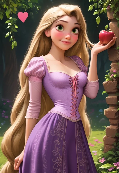 score_9, score_8_up, score_7_up, score_6_up, score_5_up, score_4_up, sexy girl,
1girl, Rapunzel, Disney, \(Tangled\)/,(ultra HD quality details), green eyes, large green eyes, brown eyelashes, blonde hair, straight hair, pale skin, very long hair, long hair, beautiful face, cute, pink lips, rosy cheeks, light freckles around her nose,
Dress, Dirndl, purple dress with a pink accent, lavender corset top, puffy sleeves, laced, pink ribbon, long skirt,
makeup, modest look, seducing viewer, hearts, posing, sexy pose, solo, large saggy boobs, fantasy forest, apple tree, submission, flowers, sun light, cinematic lightings