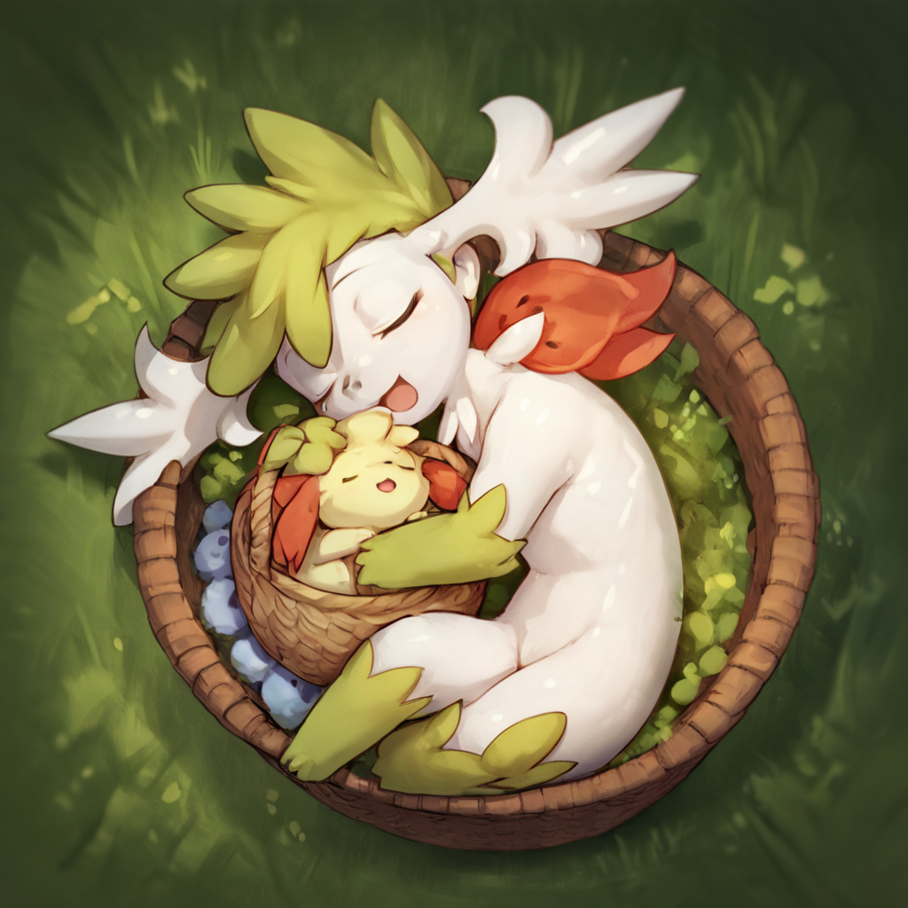 score_9, score_8_up, score_7_up, score_6_up, score_5_up, score_4_up, source_anime,  Shaymin_Poke, creature, happy, curled up, basket, sleeping