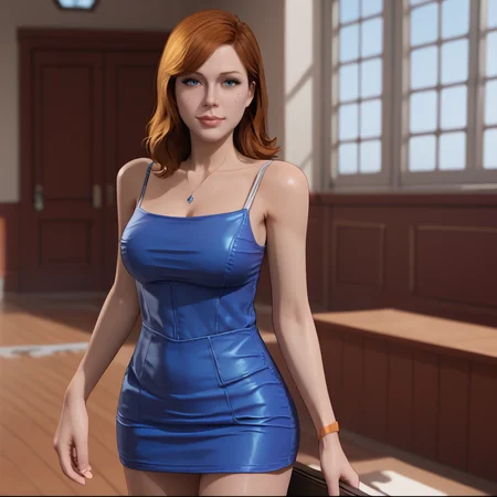 <lora:batgirlgothamknights_pony_v1:.8>BarbaraNoMaskNudeGothamKnights, 1girl, large breasts, freckles, lips, nose, orange medium hair, cowboy shot, <lora:0878 Laser nightclub skirt_v1_pony:1> ruanyi0878,blue dress,short skirt, skirt,