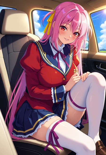 masterpiece, best quality, amazing quality, absurdres, 1girl, solo,yunaww, red eyes, pink hair, long hair, very long hair, two side up, yellow hair ribbon, large breasts, school uniform, purple neck ribbon, red jacket, white dress shirt, puffy sleeves, juliet sleeves, dark blue pleated skirt, petticoat, zettai ryouiki, white thighhighs, purple thigh ribbon, loafers, <lora:Sakurasawa_Yuna_Gakuen_Saimin_Reido_ill:0.8>, from side, sitting on car seat, blush, smile, parted lips, looking at viewer, car interior, car seat, ground vehicle, motor vehicle, car, cloud, blue sky, skindentation, detailed clothing folds, depth of field, sharp, high contrast, dynamic light