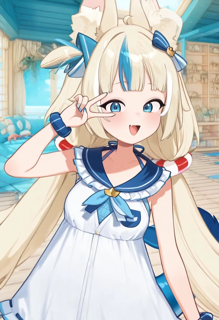 masterpiece,best quality,amazing quality, sameko saba,, low twintails,animal ears, blue eyes, blonde hair, blue streaked hair, ribbon, blue hair bow,two-tone hair,lifebuoy hair ornament, fish tail, blue nails, neckerchief, blue frilled sailor collar, ribbon trim dress,white dress, long hair, ribbon, smile, single wrist scrunchie, indoors, upper body, v over eye, brooch, large breasts ,,
skin fang, :D, looking at viewer,