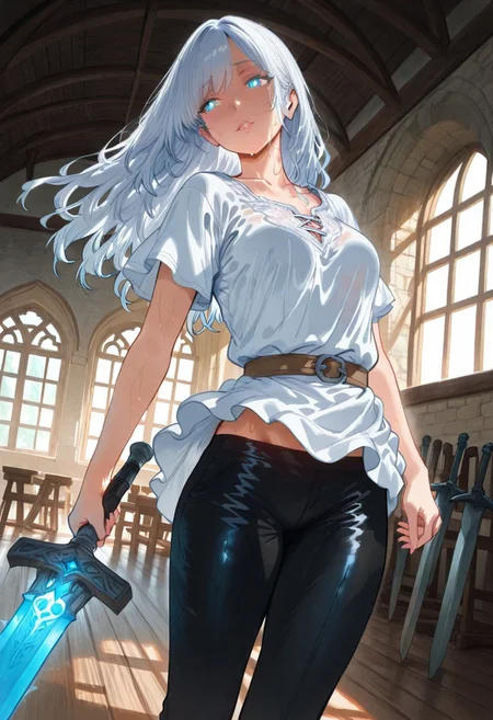 masterpiece, best quality, amazing quality, aesthetic, absurdres, newest, very aesthetic, volumetric lighting, uncensored, 8k, ultrahd, ray tracing, sharp focus,
BREAK
nsfw, ambient occlusion, intricate cinematic background, beautiful detailed face, (sexy, slutty, hot), anime_face, Hews,
BREAK
masterpiece, highly detailed, solo, beautiful eyes, big eyes, (cyan eyes, bright pupils), glowing eyes, detailed eyes, perfect eyes, detailed pupils, perfect body, (sexy lips), 1girl,
BREAK
fair skin,
BREAK
white hair, long hair, swept bangs from left, medium breasts, loose white tunic, tight black trousers, sabatons,
BREAK
dynamic action pose, standing, dynamic expressions, holding weapon, greatsword, training, swinging, sparring, sweaty, focused,
BREAK
portrait, face focus, dutch angle, full body, indoors, day, sunlight, training arena, huge windows, mirrors, weapon racks, medieval fantasy, rich color tone, tasteful layout, cinematic composition, detailed background,