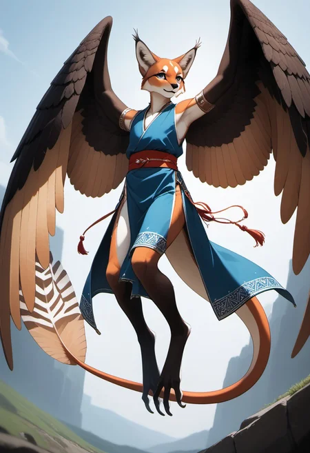1person, Palagiri, anthro, feline features, feline nose, ((wings)), ((armless)), perfect wings,
Airborne, flying, ((legs tucked, knees against chest, legs together, nosedive)), tail straight, wings spread,
3/4 view, dutch angle, perfect wings, prehensile wings, ((prehensile toes, long toes)), ((feathers-tipped tail, fanned tail-tip, tapering-tip tail)),
digitigrade legs, pelvic curtain tunic,
Feet focus, detailed toes,
Source: anime, score: 9, score: 8up,