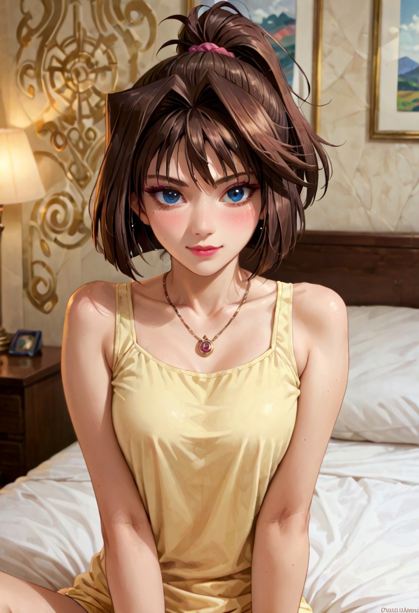 score_9, score_8_up, score_7_up, highest quality, masterpiece, source_anime, masterpiece, high quality, perfect face, perfect body, detailed eyey, ultra detailed eyes, eye reflection,
anzumazaki, <lora:anzu-mazaki-ponyxl-lora-nochekaiser:1> solo, 1girl, 1 girl,
anzu mazaki, blue eyes, brown hair, short hair,
bare shoulders, bracelet, jewelry, necklace, ponytail, sleeveless, bare shoulders, yellow shirt,
Bedroom, sitting on bed, looking at viewer, pink lipstick, eyelashes, eyeshadow, make-up, blush, faint smile,
upper body,