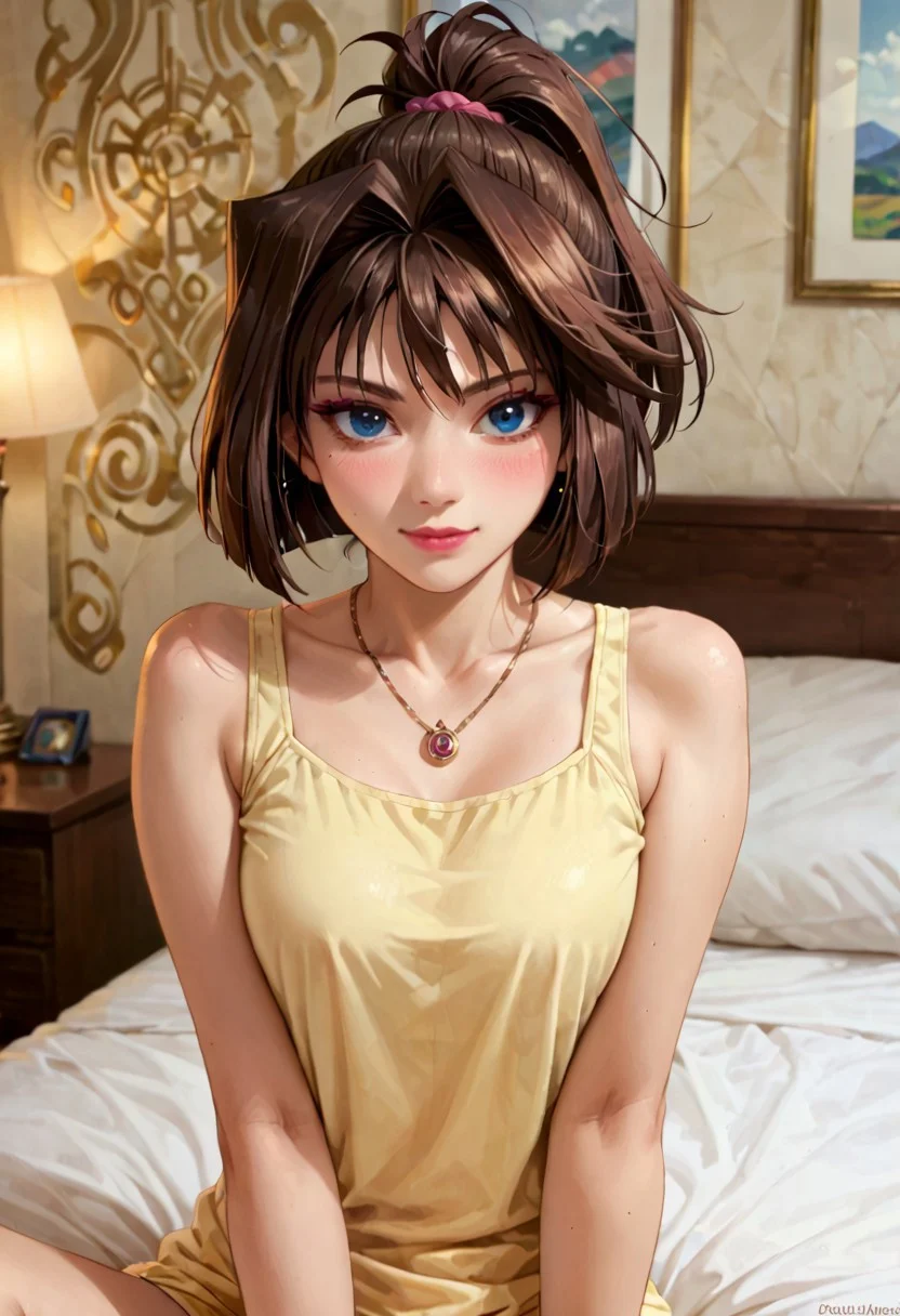 score_9, score_8_up, score_7_up, highest quality, masterpiece, source_anime, masterpiece, high quality, perfect face, perfect body, detailed eyey, ultra detailed eyes, eye reflection,
anzumazaki, <lora:anzu-mazaki-ponyxl-lora-nochekaiser:1> solo, 1girl, 1 girl,
anzu mazaki, blue eyes, brown hair, short hair,
bare shoulders, bracelet, jewelry, necklace, ponytail, sleeveless, bare shoulders, yellow shirt,
Bedroom, sitting on bed, looking at viewer, pink lipstick, eyelashes, eyeshadow, make-up, blush, faint smile,
upper body,