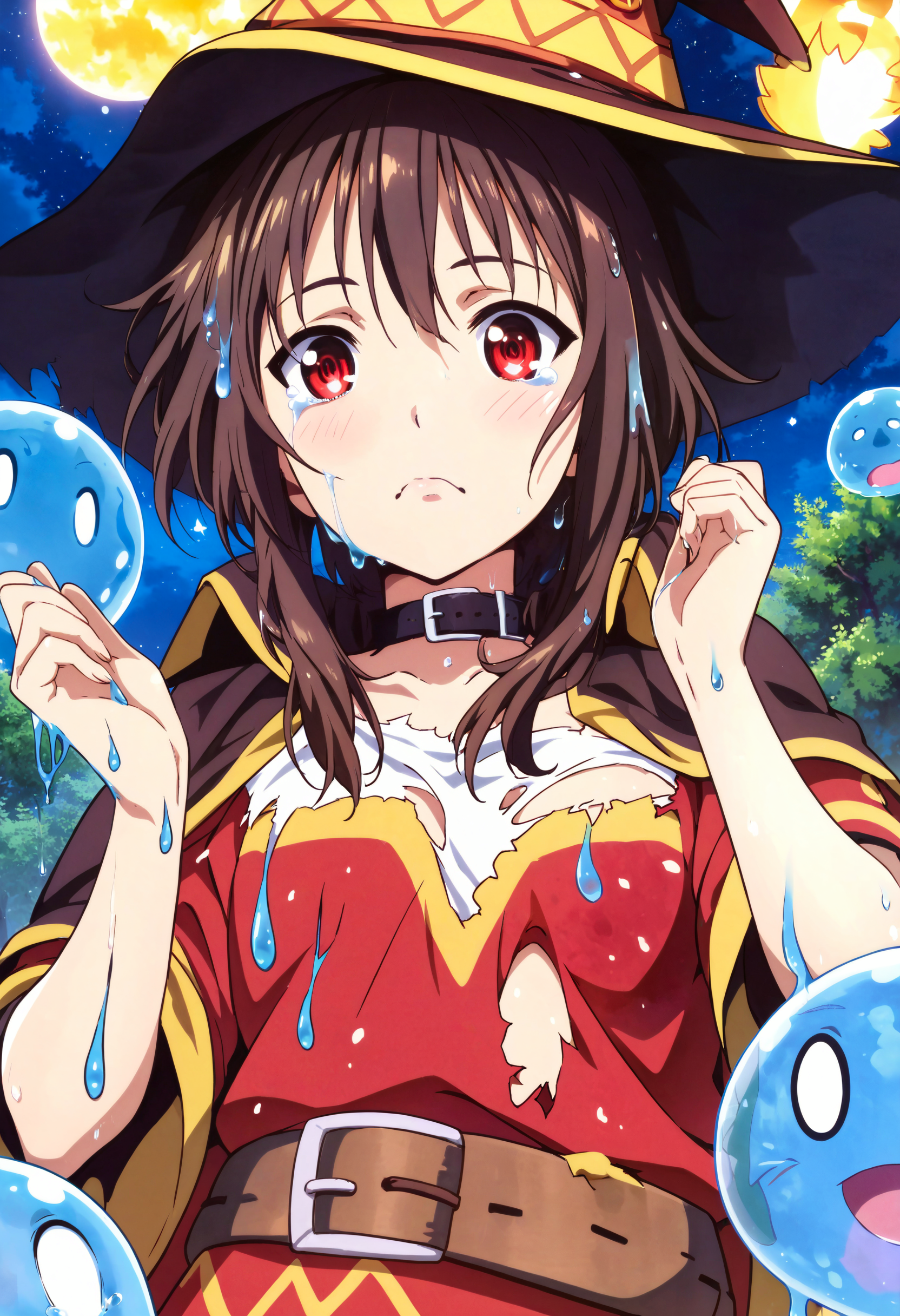 score_9,score_8_up,score_7_up,score_6_up,source_anime,<lora:MeMaXLV3_TypeB>,megumin,(slime:1.2),looking at viewer,torn clothes,from below,upper body,outdoors,crying,worried,night,
