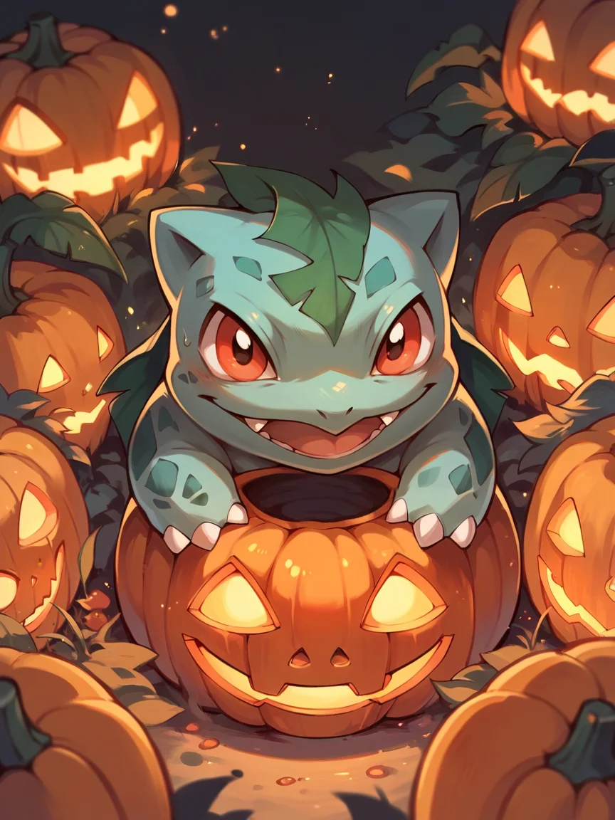 score_9, score_8_up, score_7_up, score_6_up, score_5_up,   <lora:halloweenpokemonXLP:0.7> halloween pokemon, no humans, jack-o'-lantern, (bulbasaur:1)