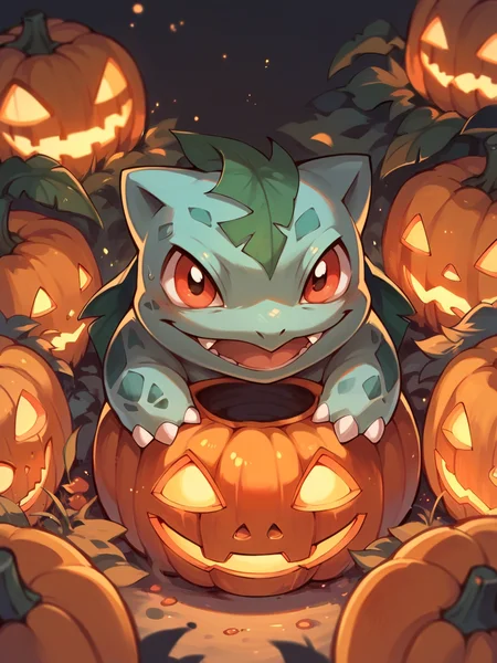 score_9, score_8_up, score_7_up, score_6_up, score_5_up,   <lora:halloweenpokemonXLP:0.7> halloween pokemon, no humans, jack-o'-lantern, (bulbasaur:1)