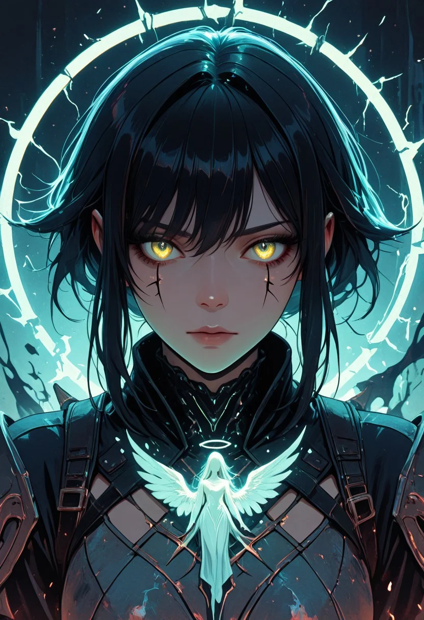 (masterpiece), (best quality), (8k), 2girls, angel and demon, intense stare-down, tension, glowing eyes, magical aura, emissive lighting effects, cinematic lighting, golden hour glow, divine vs infernal contrast, glowing halo above angel, broken or burning halo above demon, floating sparks, glowing tattoos or markings, glowing feathers vs shadowy wings, ambient light particles, symmetrical composition, high detail, soft shadows and light contrast, dramatic environment, detailed armor and flowing cloth, mystical energy in air,