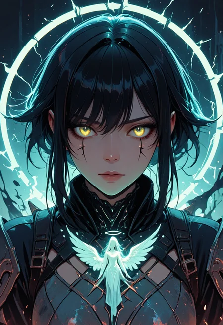 (masterpiece), (best quality), (8k), 2girls, angel and demon, intense stare-down, tension, glowing eyes, magical aura, emissive lighting effects, cinematic lighting, golden hour glow, divine vs infernal contrast, glowing halo above angel, broken or burning halo above demon, floating sparks, glowing tattoos or markings, glowing feathers vs shadowy wings, ambient light particles, symmetrical composition, high detail, soft shadows and light contrast, dramatic environment, detailed armor and flowing cloth, mystical energy in air,