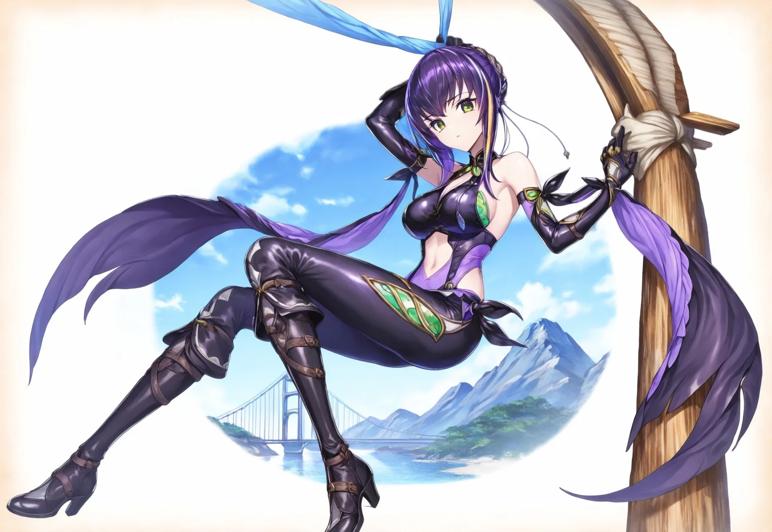 Woman, solo, old bathing suit, full body bathing suit, white and green stipes, mountain pass, wood suspension bridge, hand out, palm up, imperious, 死神の音シェーレ,1girl,breasts,solo, purple hair,black glovesbare shoulders,boots
