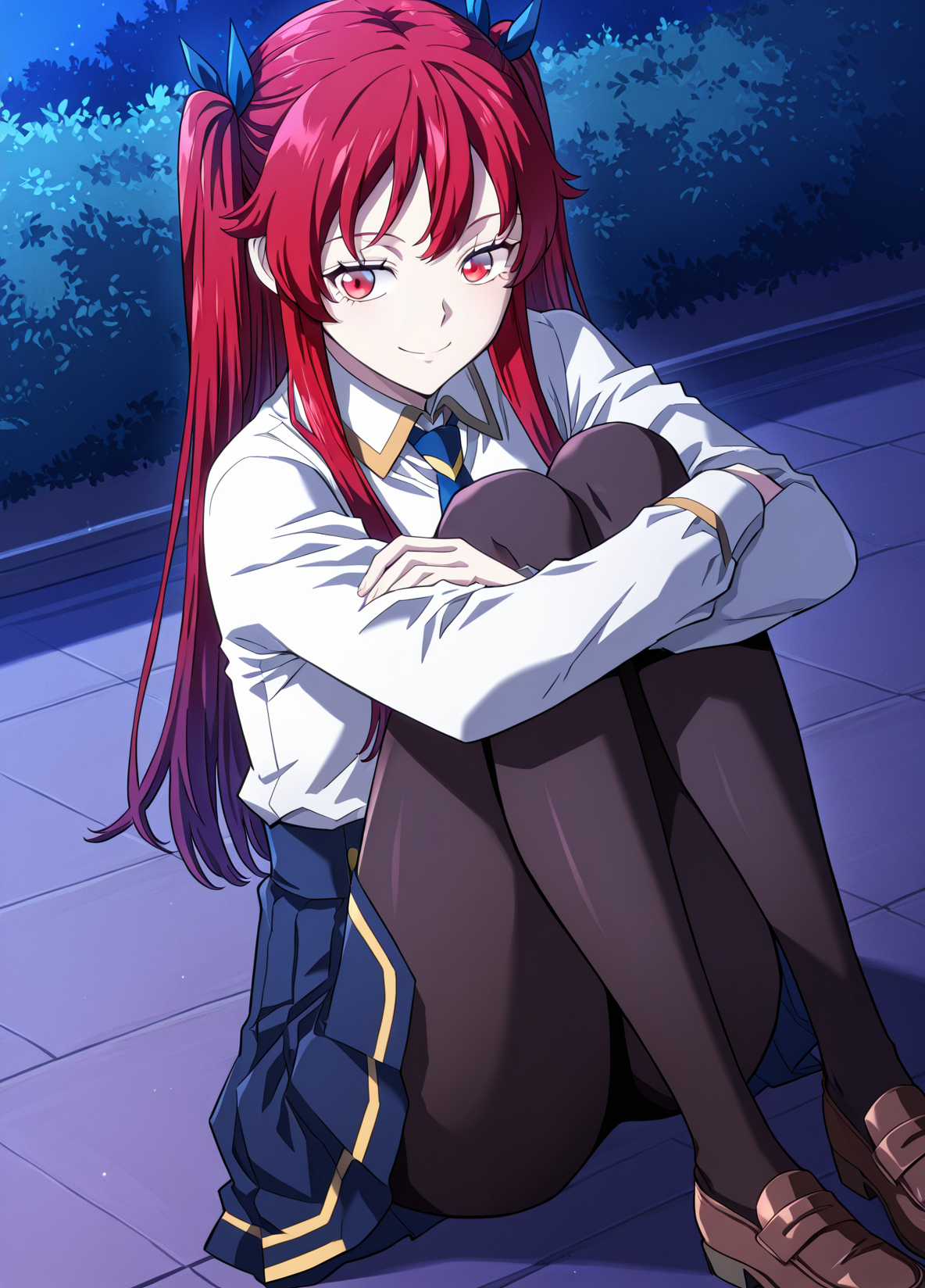 <lora:Camus Morgue _ Revenge of the Iron-Blooded Sword Hound _ Illustrious_epoch_7:1>
Camus_Morgue_young, 1 girl, solo, round face, large red eyes, fair skin, petite build, small breats, long red hair, straight hair, twin ponytails, front bangs, slight purple gradient tips, 
white school uniform shirt, small gold-trimmed collar, high-waisted navy skirt, black tights, blue necktie, blue ribbon hair ties,  brown shoes
score_9, score_8_up, score_7_up, very aesthetic, source_anime, detailed, high quality, beautiful, detailed eyes, masterpiece, best quality, absurdres, perfect anatomy, 1girl, solo, hugging your own legs, sitting, garden background, charming smile, night