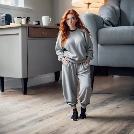 (best quality), (masterpiece), ultra-detailed, illustration, a scene involving one ((tiny, shrunken):1.2), voluptuous woman, 30 year old, looking at viewer, wearing huge baggy loose sweatshirt and huge loose baggy pants, wearing socks, (shrunken woman standing next to desk and lamp and coffee cup), living room, couch, sofa, lamp, curtains, wood floors, coffee table, side table, windows, apartment, dynamic light, long braided red hair, scottish face, tanned skin, freckles, 8k uhd, dslr, soft lighting, high quality, film grain, Fujifilm XT3, sharp focus, F/8.0,frowning face, <lora:shrunk_xl_v11:1.4>