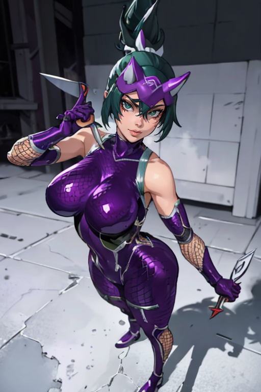 masterpiece,best quality,extreme detail,8k,image sharpness,<lora:kiriko-10:0.8>,kiriko2,1girl,solo,breasts,looking at viewer,large breasts,gloves,holding,bare shoulders,standing,full body,ponytail,weapon,green hair,elbow gloves,holding weapon,lips,bodysuit,mask,blurry background,fishnets,skin tight,ninja,purple gloves,kunai,purple bodysuit,