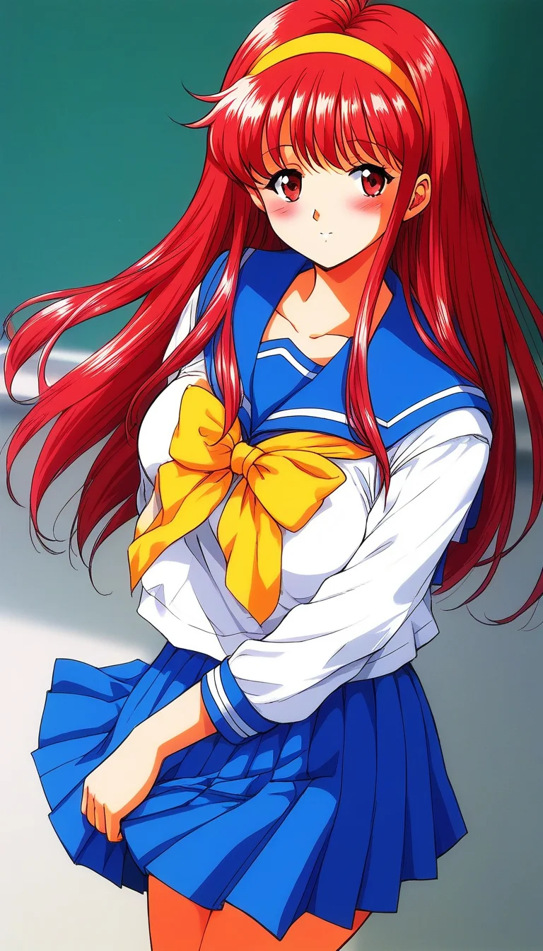 score_9, score_8_up, score_7_up, source_anime, rating_explicit, BREAK <lora:Fujisaki_Shiori_XL:1> FujisakiShiori, long hair, Yellow hairband, red hair, red eyes, large breasts,
1girl, solo, school uniform, skirt, serafuku, long sleeves, blue skirt,
yellow bow, pleated skirt, bow, blue sailor collar,
looking at viewer, blush,