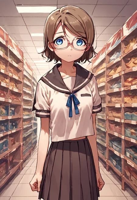 source_anime,score_9, score_8_up, score_7_up, solo focus, (solo), 1girl, flat shading, , you watanabe, blue eyes, brown hair, short hair, swept bangs, glasses, serafuku, school uniform, convenience store background, lonely