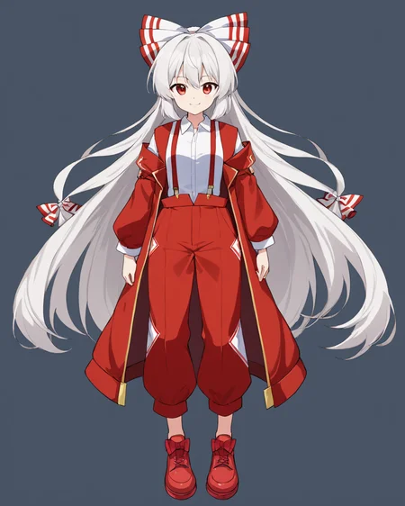 fujiwara no mokou,1girl, solo, ofuda_on_clothes, red_footwear, white_shirt, full_body, hair_bow, white_background, shoes, collared_shirt, long_sleeves, looking_at_viewer, smile, suspenders, red_jacket, simple_background, white_bow, adapted_costume, red_bow, standing, red_pants, hime_cut
<lora:fujiwara_no_mokou_image4672_2023-12-14-000008:1>,star-shaped_pupils,symbol-shaped_pupils,. gorgeous,key visual, vibrant, studio anime,award-winning, professional, highly detailed,high budget, cinemascope