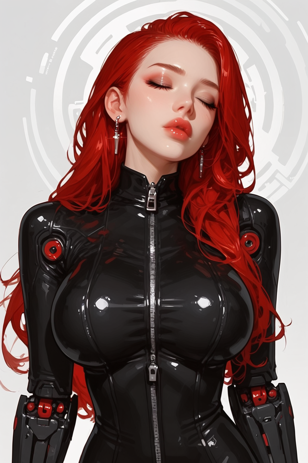 1girl, solo, earrings, jewelry, breasts, bodysuit, long hair, closed eyes, makeup, , black hair, red hair, large breasts, mechanical arms, lips, zipper,
 <lora:re--mix50:1>