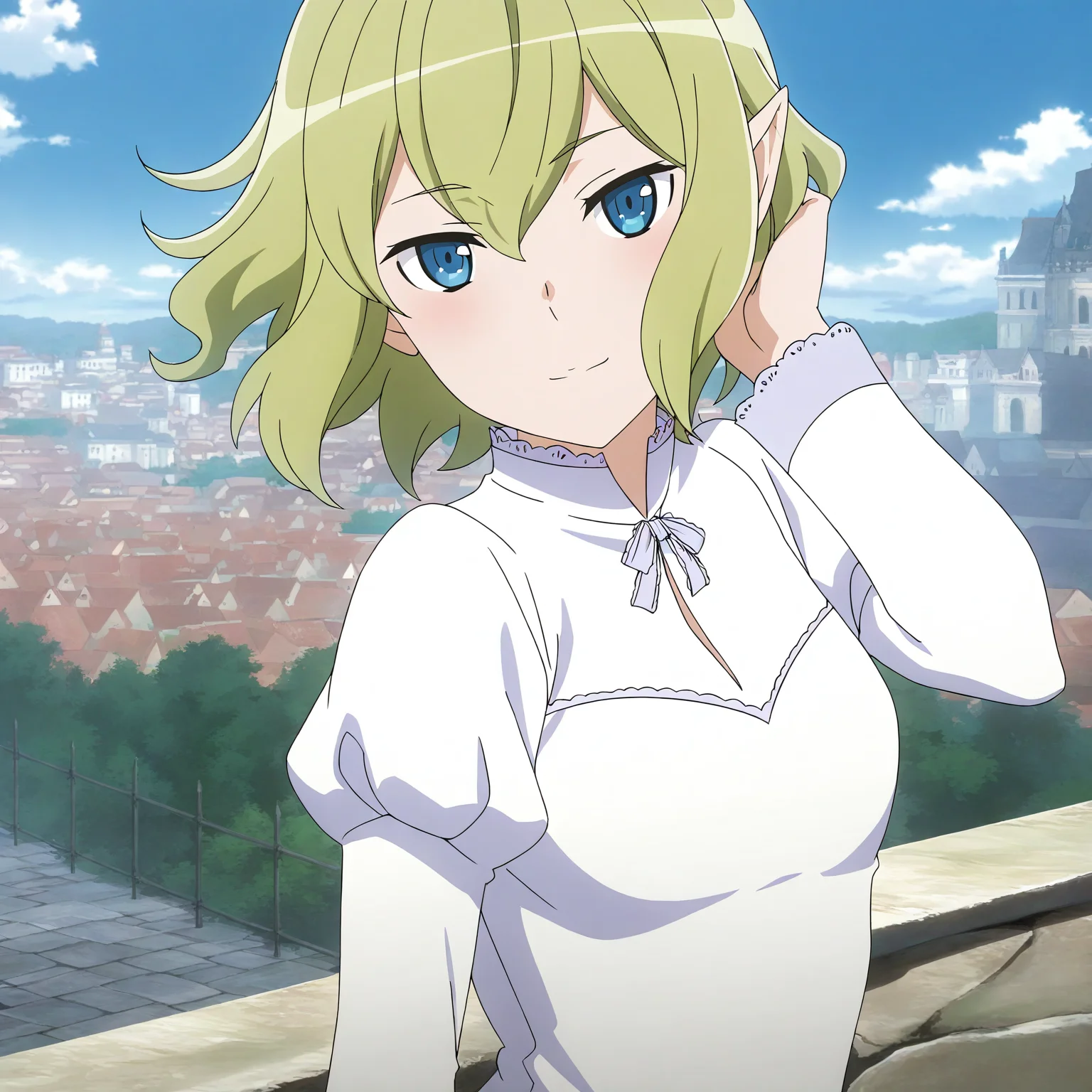 <lora:Ryu-000018:0.7>Ryu,solo,looking at viewer,green hair,short hair,white dress,long sleeves,breasts,light blush,seductive smile,hand in own hair,outdoors,floating hair,blue sky,white cloud,standing,architecture,cityscape,stone fence,upper body,