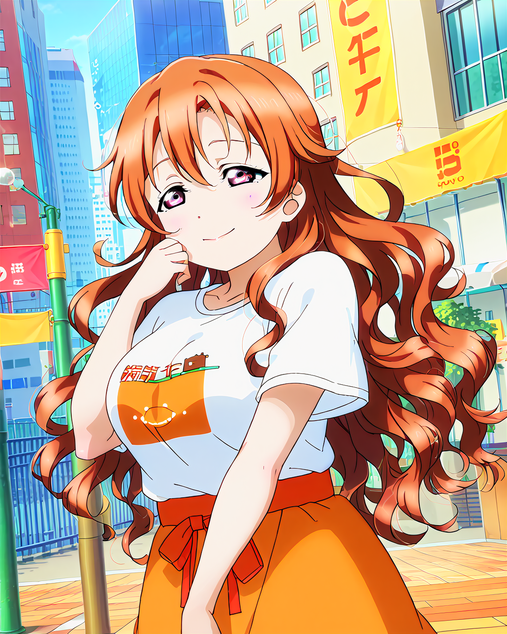 score_9, score_8_up, score_7_up, score_6_up, source_anime, looking at viewer, ((1girl, konoe kanata, large breasts, long hair, orange hair, purple eyes, sleepy, wavy hair)), (chest stand), (brown pod taut shirt), (City Hall),<lora:LLChar_Pony_Niji:0.8> love live! <lora:LLChar_Pony:0.8>, smile, happy,
