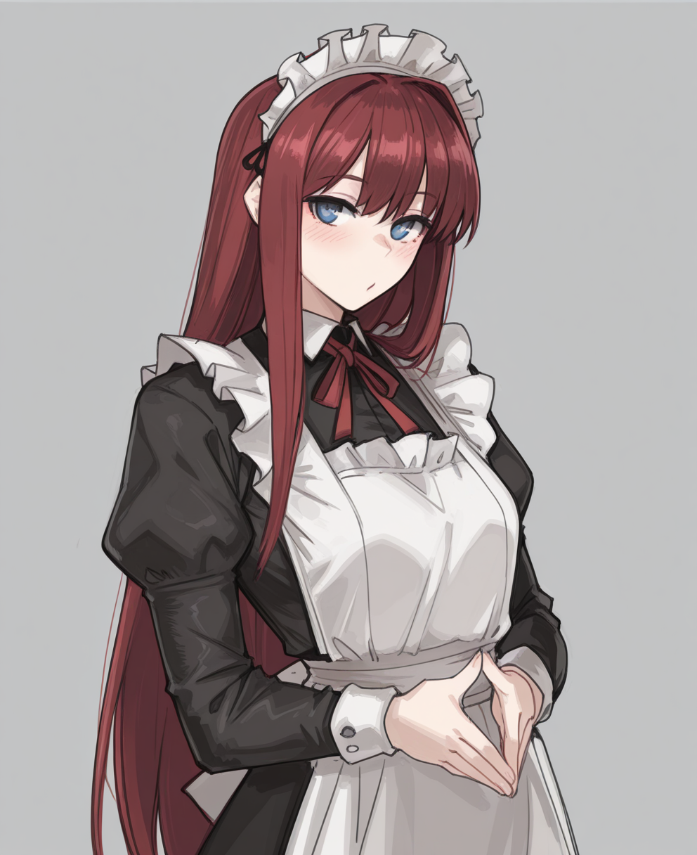 <lora:jonyeld:1> jonyeld,
(masterpiece), (best quality), (ultra-detailed), amazing quality, very aesthetic, illustration, perfect composition, intricate details, absurdres, incredibly absurdres, shiny skin, realistic,
 jonyeld, solo, 1girl, maid headdress, long hair, blue eyes, maid, simple background, apron, looking at viewer, long sleeves, red hair, maid apron, puffy sleeves, juliet sleeves, blush, neck ribbon, dress, red ribbon, own hands together, ribbon, white apron, steepled fingers, black dress, general