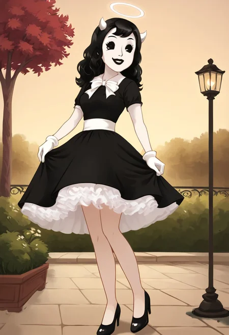 (Masterpiece, best quality:1.2), score_9, score_8_up, flat color, flat shading, soft shading, lighting, Alice Angel in a long 1950's dress, a fluffy frilly ruffled full petticoat, and high heels, dress, layered petticoat, frilly petticoat, fluffy petticoat, full petticoat, wide dress, long dress, flowing dress, solid colored skirt, short sleeves, black hair, Bendy and The Ink Machine, series accurate, cute, best high quality, high res, black lips, white colored skin, whole body shot, 1girl, solo, outside, posing, in a garden, cute, adorable, smile, skirt lift, seductive, ground level angle, dress lift, cartoon, cartoon style, vector, solo, circle dress, 1950s, alice angel