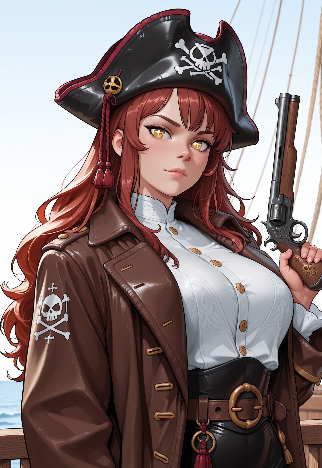 score_9, score_8_up, score_7_up, 1girl, solo, pirate captain, weathered leather coat with brass buttons and worn patches, flintlock pistol with a polished wooden grip and engraved barrel, wavy auburn hair with a tricorn hat, realistic, cinematic angle, cinematic lighting, muscular body, adventurous face, sparkling hazel eyes, commanding pose
BREAK
standing on the deck of a pirate ship
BREAK
source_pirate_art, rating_explicit, expressive, full body, dynamic pose
BREAK
detailed beautiful background, vast ocean with rolling waves and distant islands, wooden pirate ship with tattered sails and weathered deck, crew members in pirate attire, distant horizon with setting sun, adventurous atmosphere with a sense of freedom and danger
<lora:Expressive_H:0.6>Expressiveh, (SimplepositiveXLv1:1.3), (upper body:1.85) ((masterpiece)) (ultra realistic, 32k, masterpiece:1.2), (high detailed skin:1.1), (high quality:1.1) (((full clothed))) <lora:DandonFuga_Style_v.2_-_Pony:0.8> 
<lora:add-detail-xl:1> 
<lora:Dynamic Poses:1>