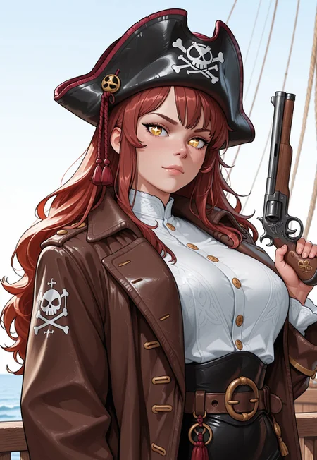 score_9, score_8_up, score_7_up, 1girl, solo, pirate captain, weathered leather coat with brass buttons and worn patches, flintlock pistol with a polished wooden grip and engraved barrel, wavy auburn hair with a tricorn hat, realistic, cinematic angle, cinematic lighting, muscular body, adventurous face, sparkling hazel eyes, commanding pose
BREAK
standing on the deck of a pirate ship
BREAK
source_pirate_art, rating_explicit, expressive, full body, dynamic pose
BREAK
detailed beautiful background, vast ocean with rolling waves and distant islands, wooden pirate ship with tattered sails and weathered deck, crew members in pirate attire, distant horizon with setting sun, adventurous atmosphere with a sense of freedom and danger
<lora:Expressive_H:0.6>Expressiveh, (SimplepositiveXLv1:1.3), (upper body:1.85) ((masterpiece)) (ultra realistic, 32k, masterpiece:1.2), (high detailed skin:1.1), (high quality:1.1) (((full clothed))) <lora:DandonFuga_Style_v.2_-_Pony:0.8>
<lora:add-detail-xl:1>
<lora:Dynamic Poses:1>