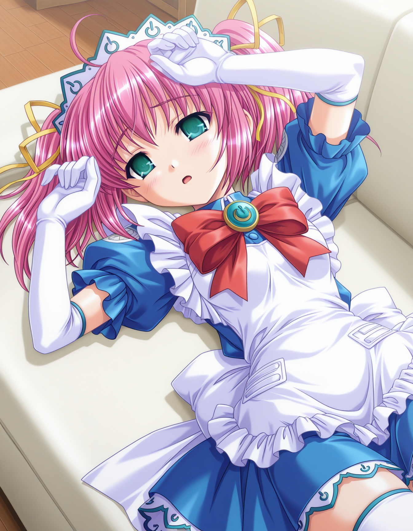 1girl, solo, accoMM, pink hair, twintails, yellow hair ribbon, green eyes, open mouth, maid apron, maid headdress, red bow, puffy short sleeves, elbow gloves, white gloves, blue sleeves, blue skirt, white thighhighs, lying against the ground, hand on head, cowboy shot, indoors, living room, light theme <lora:acco_monogokoro_ilxl_v1:0.6>
