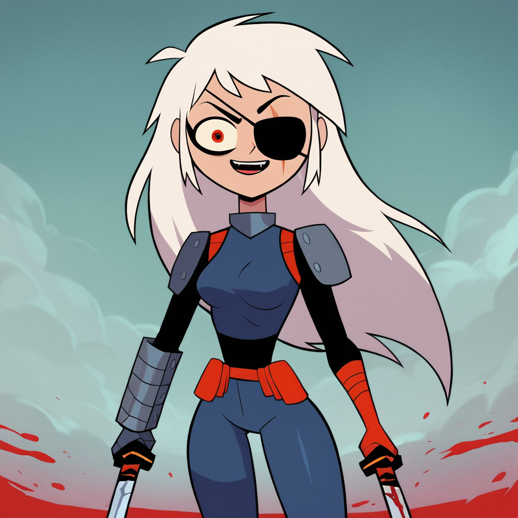 score_9, score_8_up, score_7_up, 1girl, Rose, white hair, long hair, eyepatch, orange eyes, scar on face, medium breasts, narrow waist, wide hips, looking at viewer, blood, crazy eyes, sword, dual wielding, highres, high quality, masterpiece, <lora:Rose_Wilson:1>