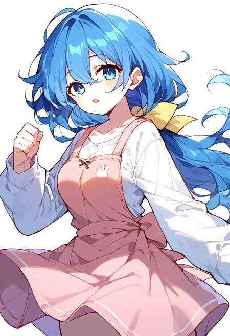 score_9,score_8_up,score_7_up,source_anime,zPDXL3,
*//*,<lora:YoshinoHimekawaH_v1.1:0.9>,H_yoshi0n,blue hair,long hair,low ponytail,blue eyes,medium breasts,yellow ribbon,(pink apron:1.2),white sweater,
*//*,looking at viewer,cowboy shot,dutch angle,dynamic pose,